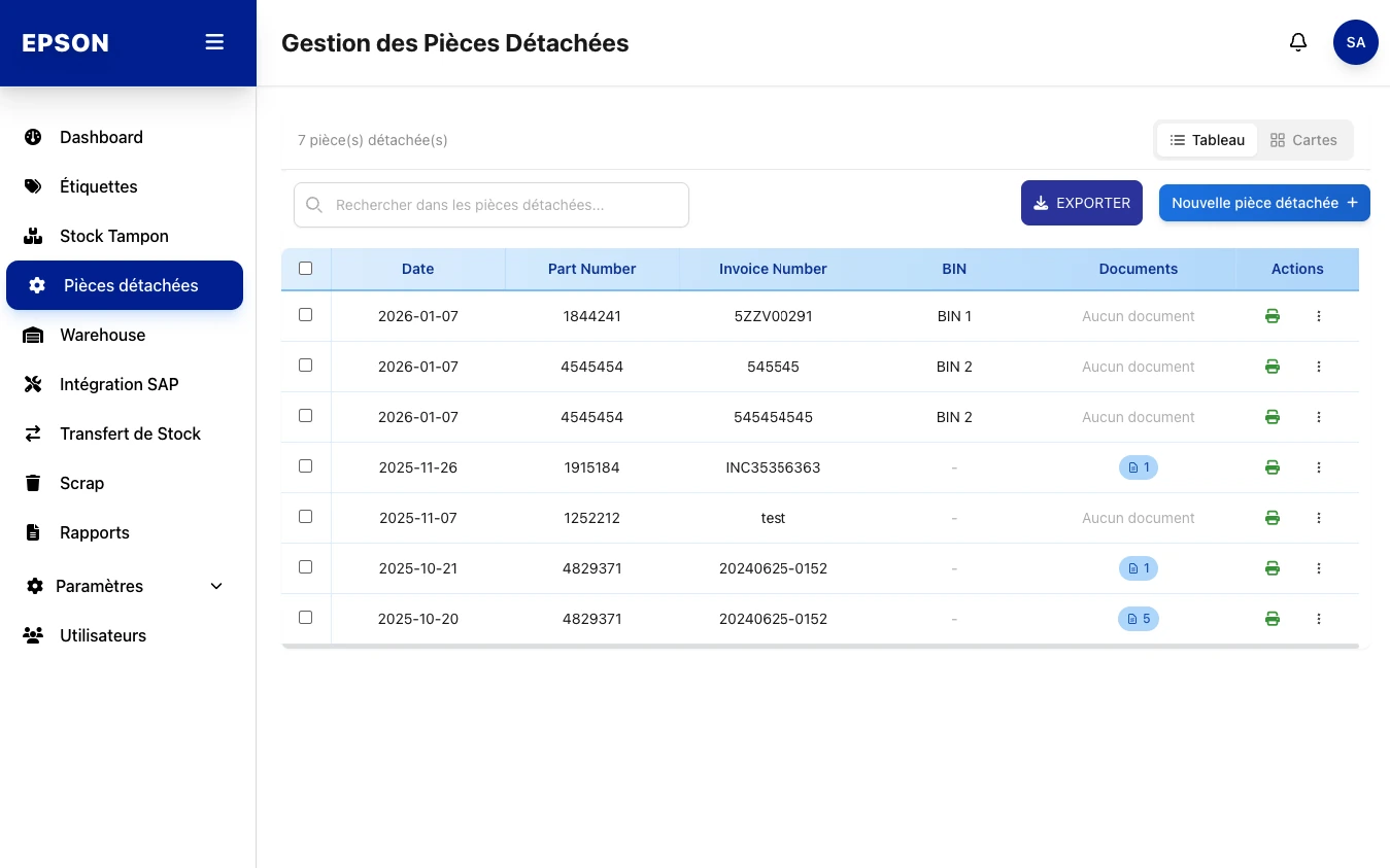 Epson, Spare-parts management, screenshot of the label management web app built by FreshMarkom