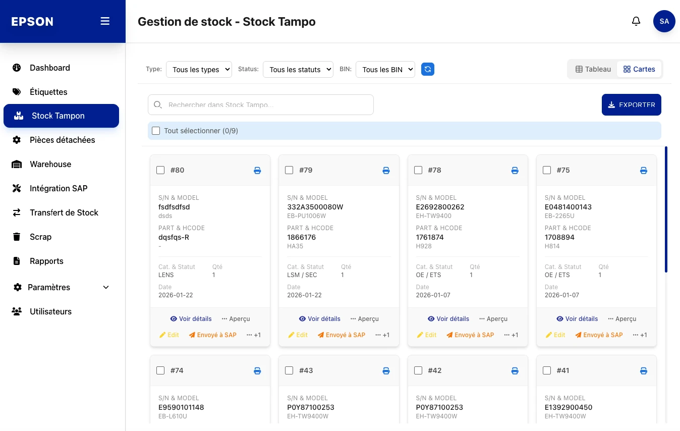 Epson, Stock management · Buffer Stock, screenshot of the label management web app built by FreshMarkom