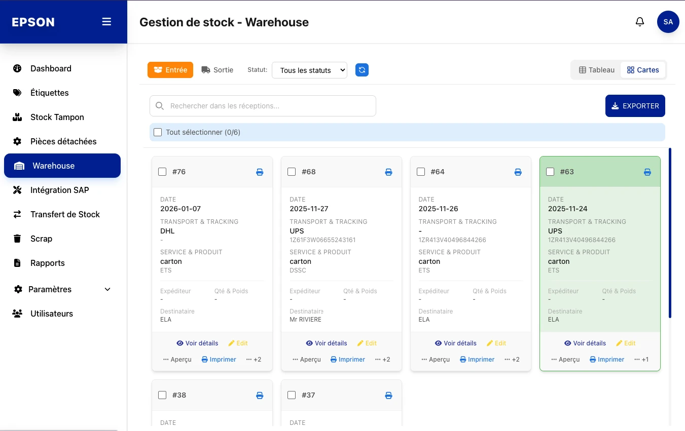 Epson, Warehouse receptions & shipments, screenshot of the label management web app built by FreshMarkom