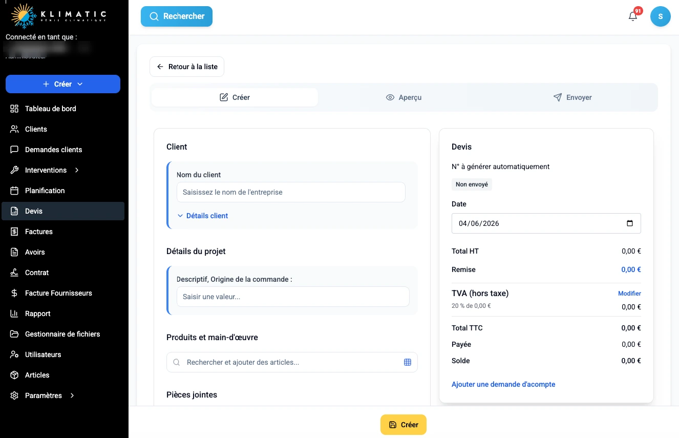 Klimatic, Quotes (2), screenshot of the HVAC management SaaS app built by FreshMarkom