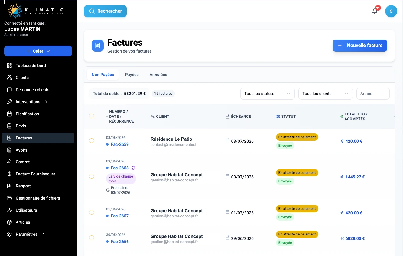 Klimatic, Invoices, screenshot of the HVAC management SaaS app built by FreshMarkom