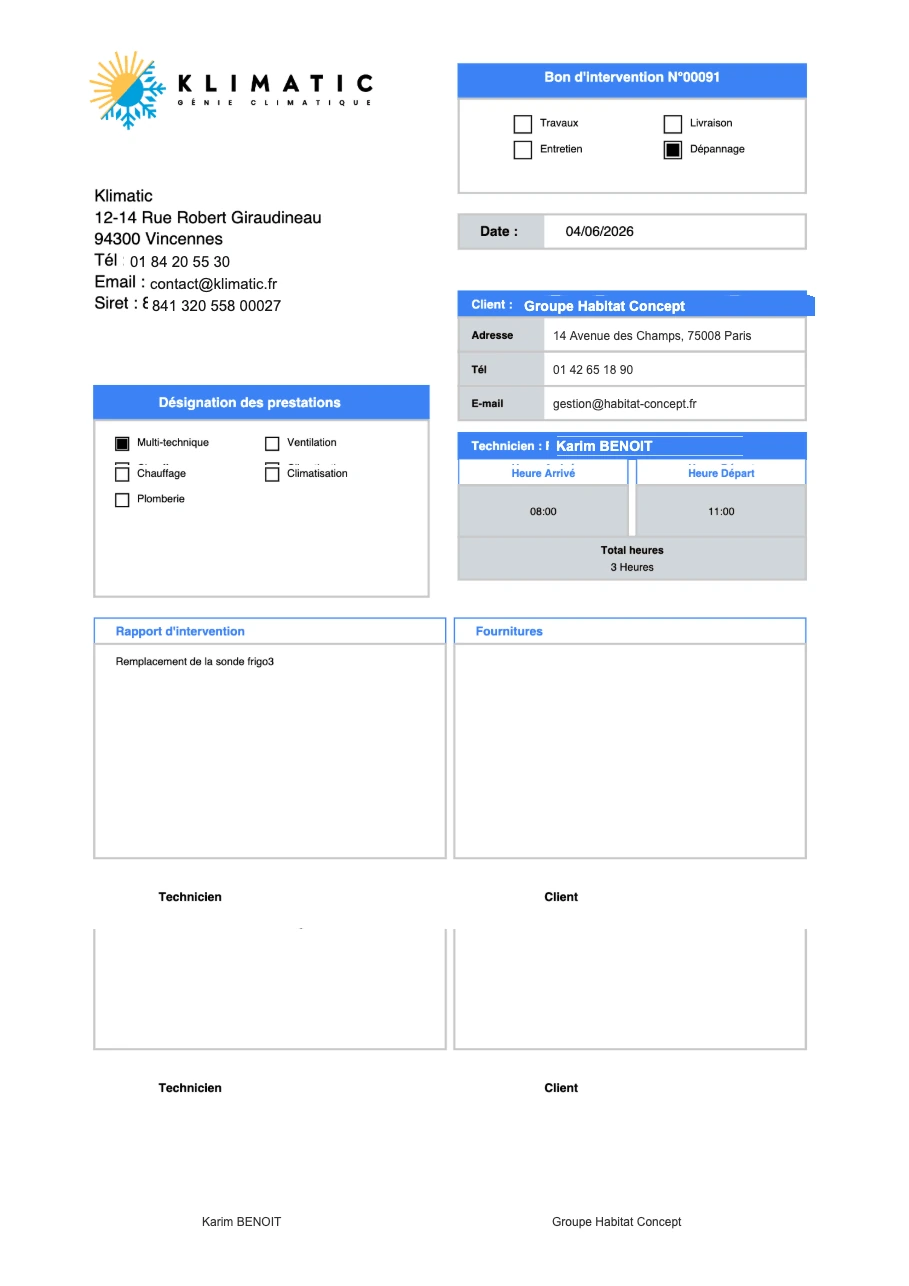 Klimatic, Intervention sheet generated by the platform, screenshot of the HVAC management SaaS app built by FreshMarkom