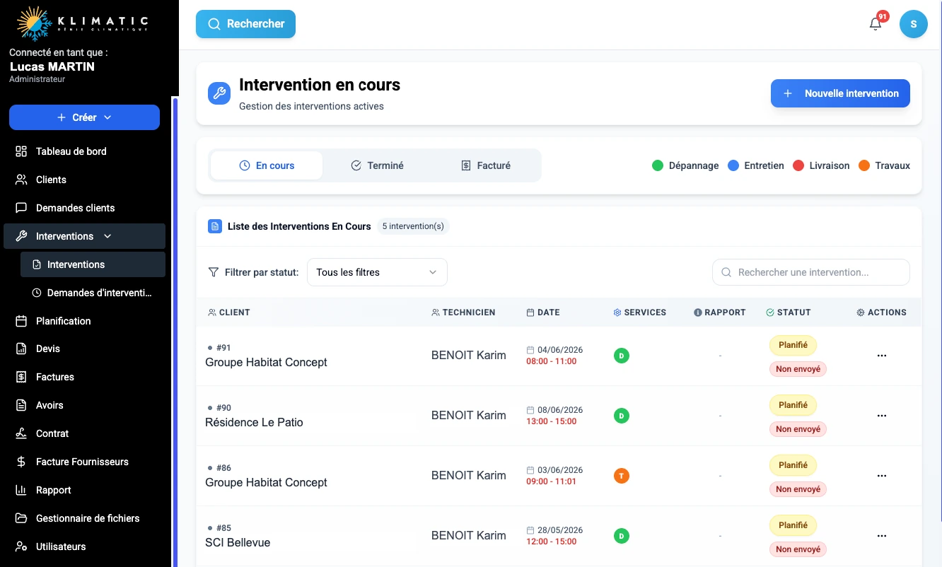 Klimatic, Interventions, screenshot of the HVAC management SaaS app built by FreshMarkom