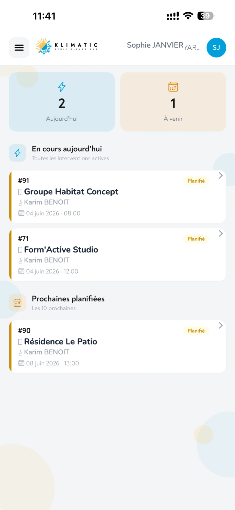 Klimatic, Technician home, screenshot of the HVAC management SaaS app built by FreshMarkom