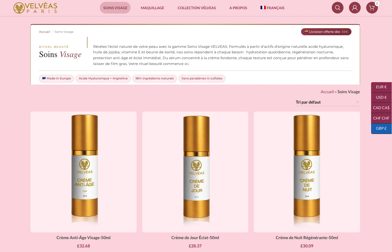 Velvéas Paris, Category · Face Care, screenshot of the cosmetics e-commerce store built by FreshMarkom