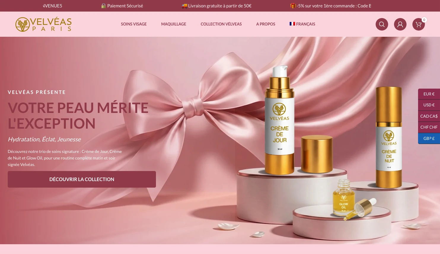 Velvéas Paris, Accueil, screenshot of the cosmetics e-commerce store built by FreshMarkom