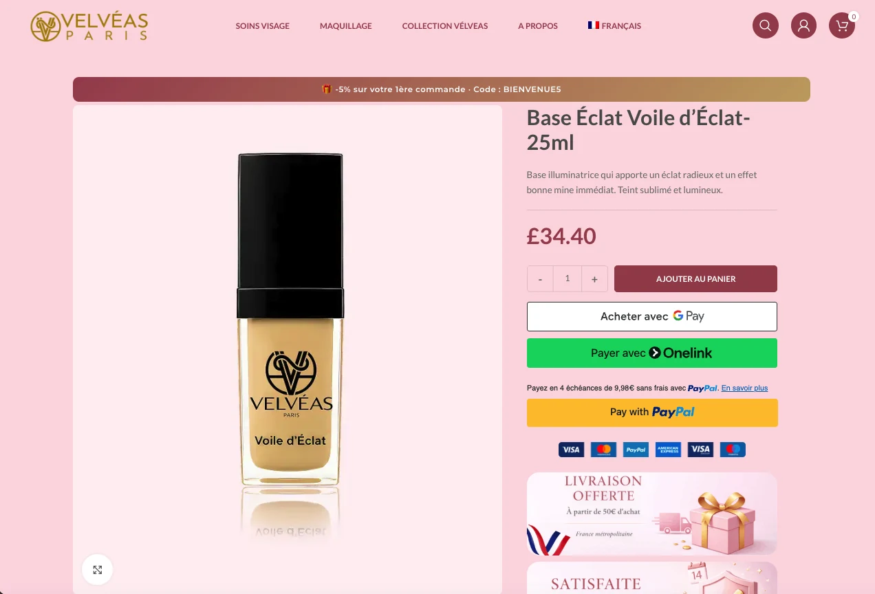 Velvéas Paris, Product page · express checkout & pay in 4x, screenshot of the cosmetics e-commerce store built by FreshMarkom